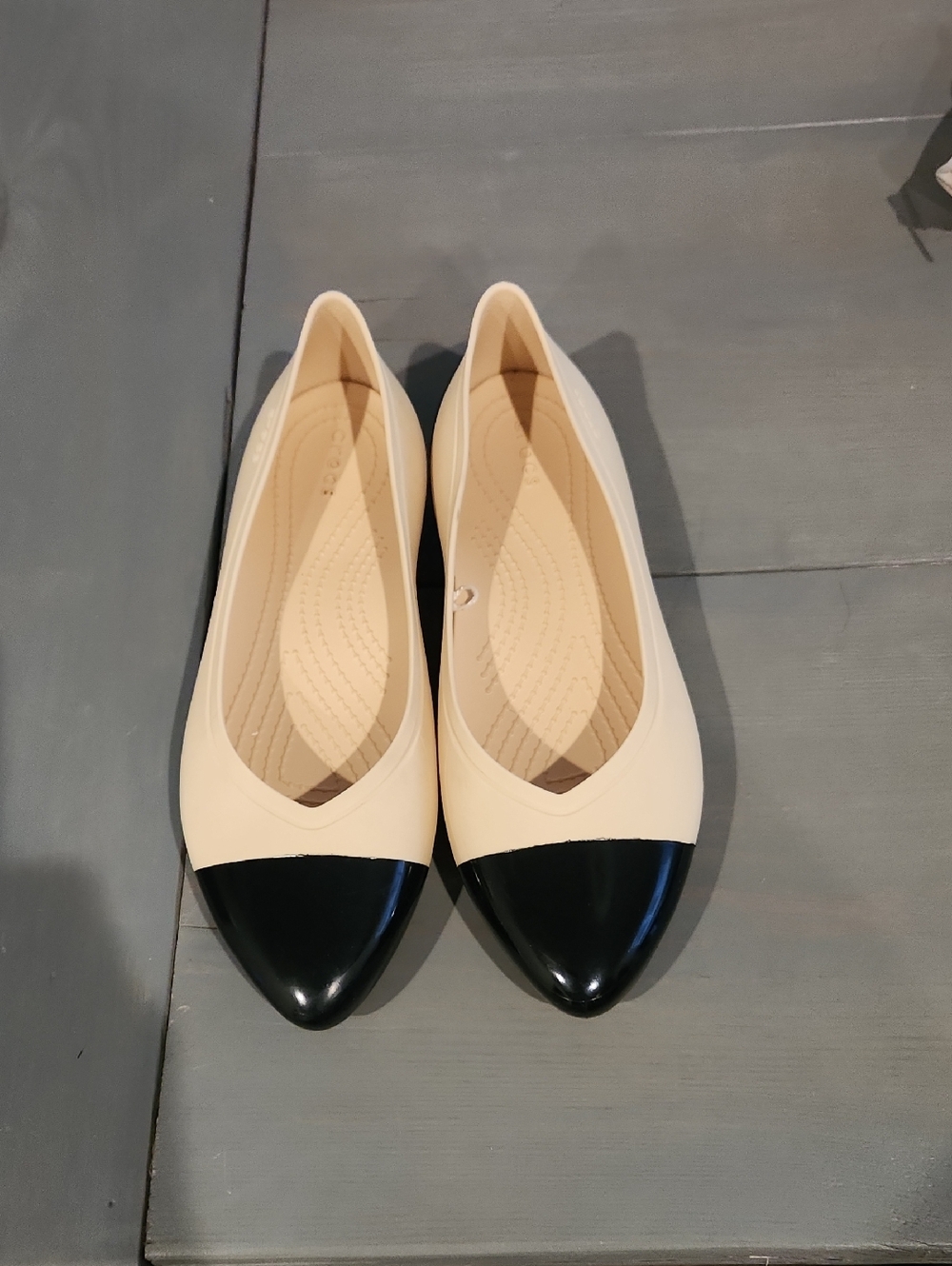 Crocs Two-Tone Pointed Toe Ballet Flats - Cream and Black
